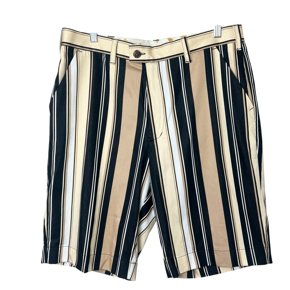 LoudMouth Golf BarCode 11” Tan Black White Striped Shorts Sz 34